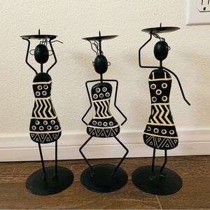 Vintage African Tribal Art Metal@wood Candles Holders 11”